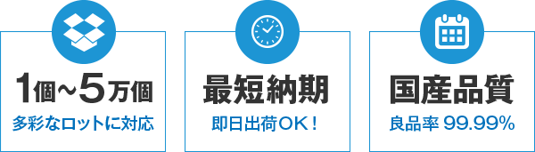 「多彩なロットに対応」「即日出荷ＯＫ！」「良品率99.99%」